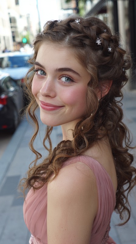 Romantic Curly Half-Up Hairstyle with Braided Detail