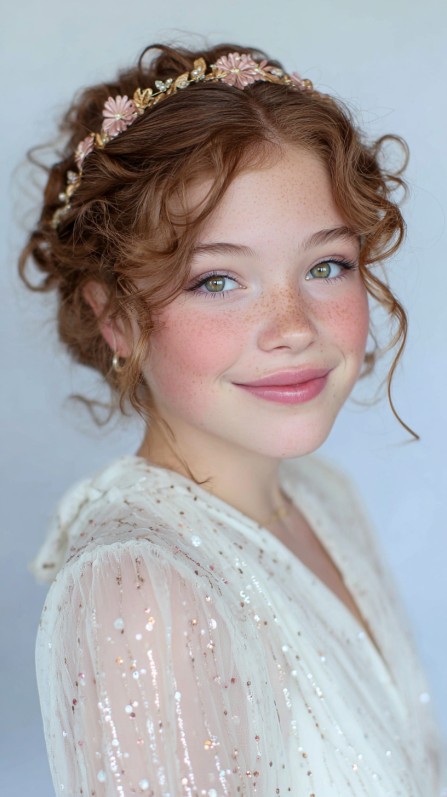 Romantic Curly Half-Up Hairstyle with Floral Headband