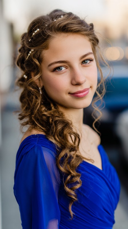 Romantic Curly Side-Swept Hairstyle with Elegant Hair Accessories