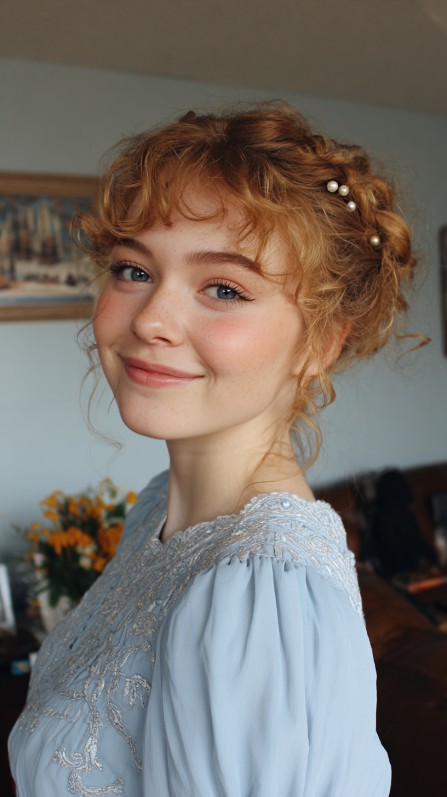 Romantic Curly Updo with Delicate Pearl Accents