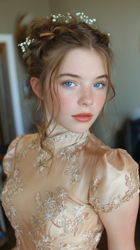 Romantic Floral Crown Updo with Soft Face-Framing Strands