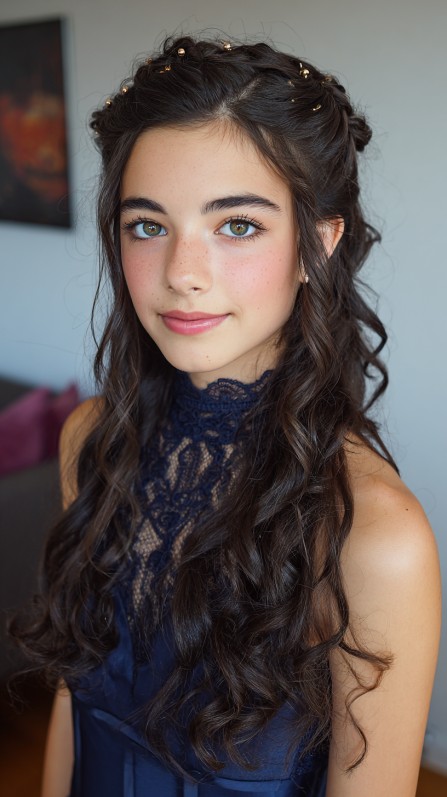 Romantic Half Up Half Down Curly Quinceanera Hairstyle with Elegance