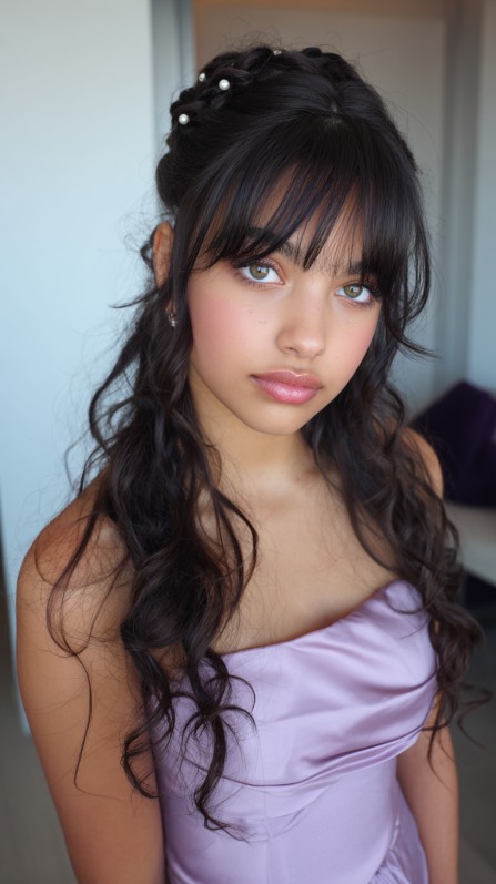 Romantic Half Up Half Down Soft Waves with Bangs