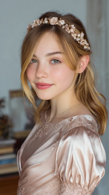 Romantic Half-Up Soft Waves with Floral Accents