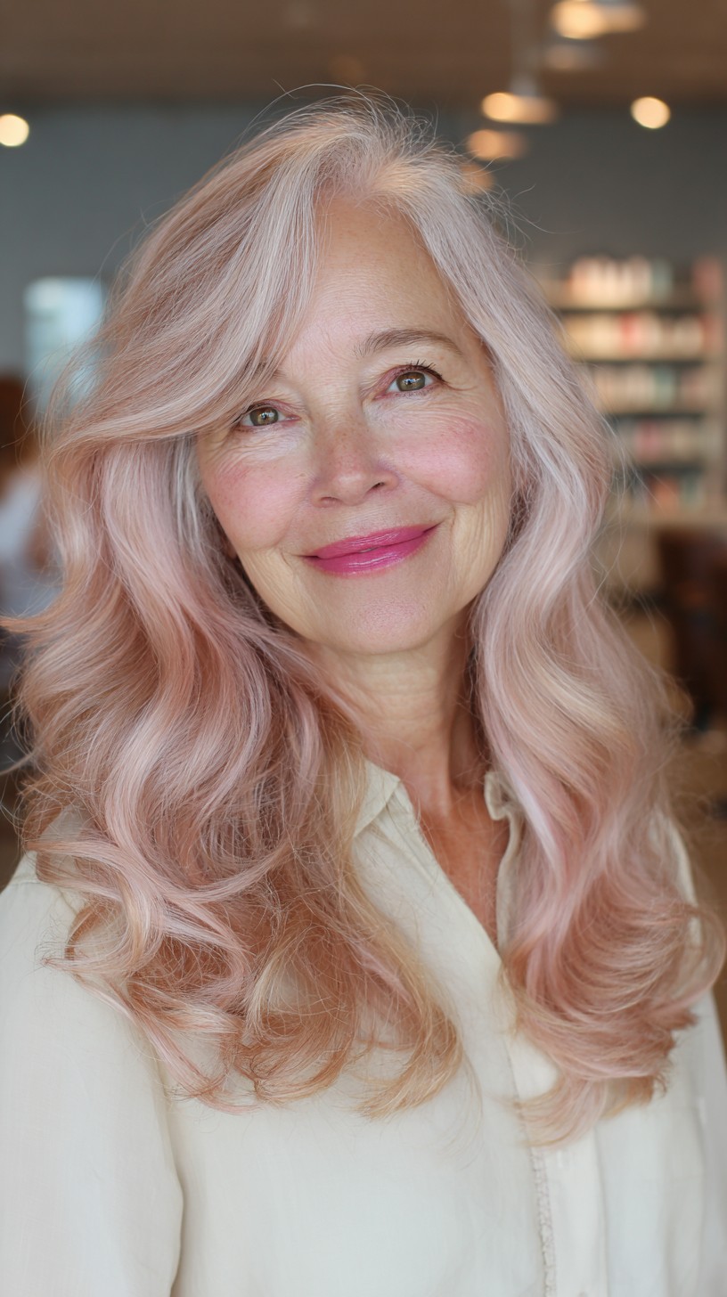 Romantic Rose Gold Loose Waves with Side-Swept Bangs