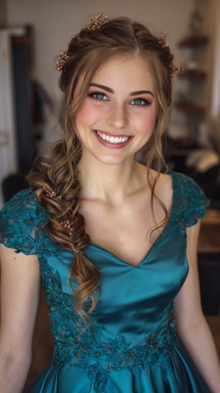 Romantic Side Braid with Loose Curls and Floral Accents