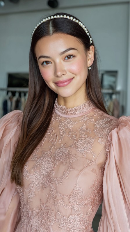 Sleek Long Hair with Elegant Pearl Headband