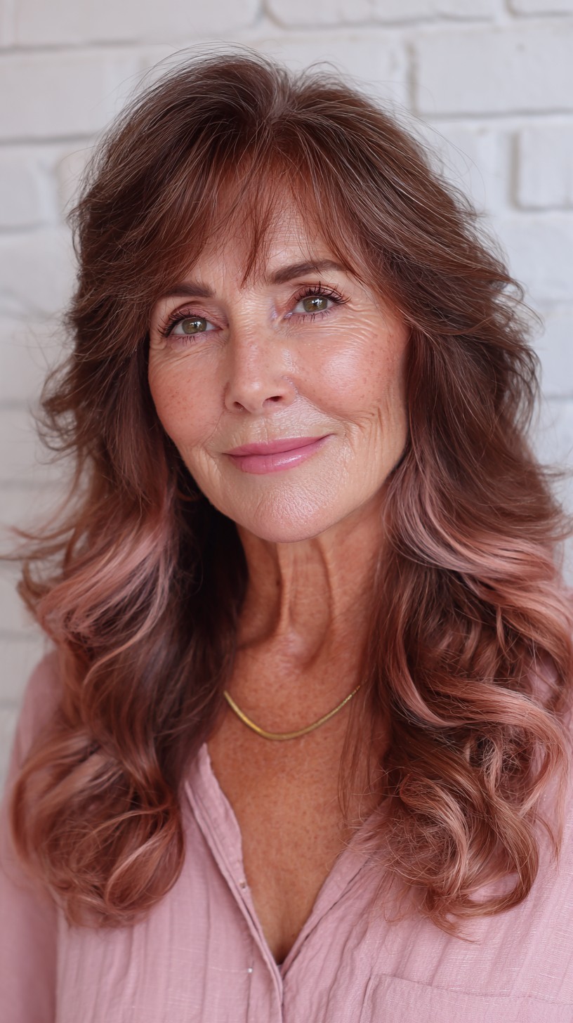 Soft Chocolate Rose Gold Curls with Face-Framing Layers