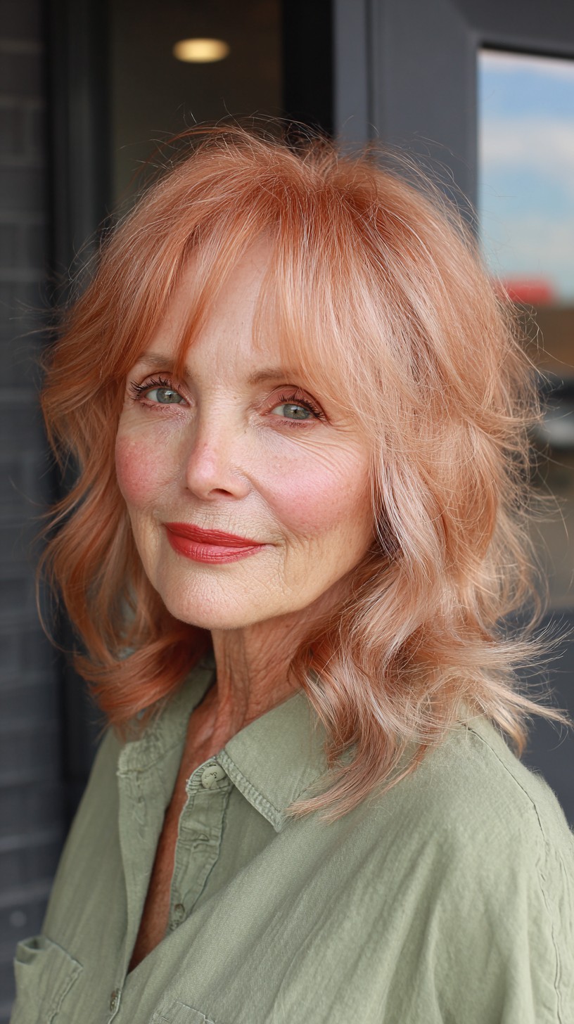 Soft Copper Rose Gold Wavy Lob with Face-Framing Layers