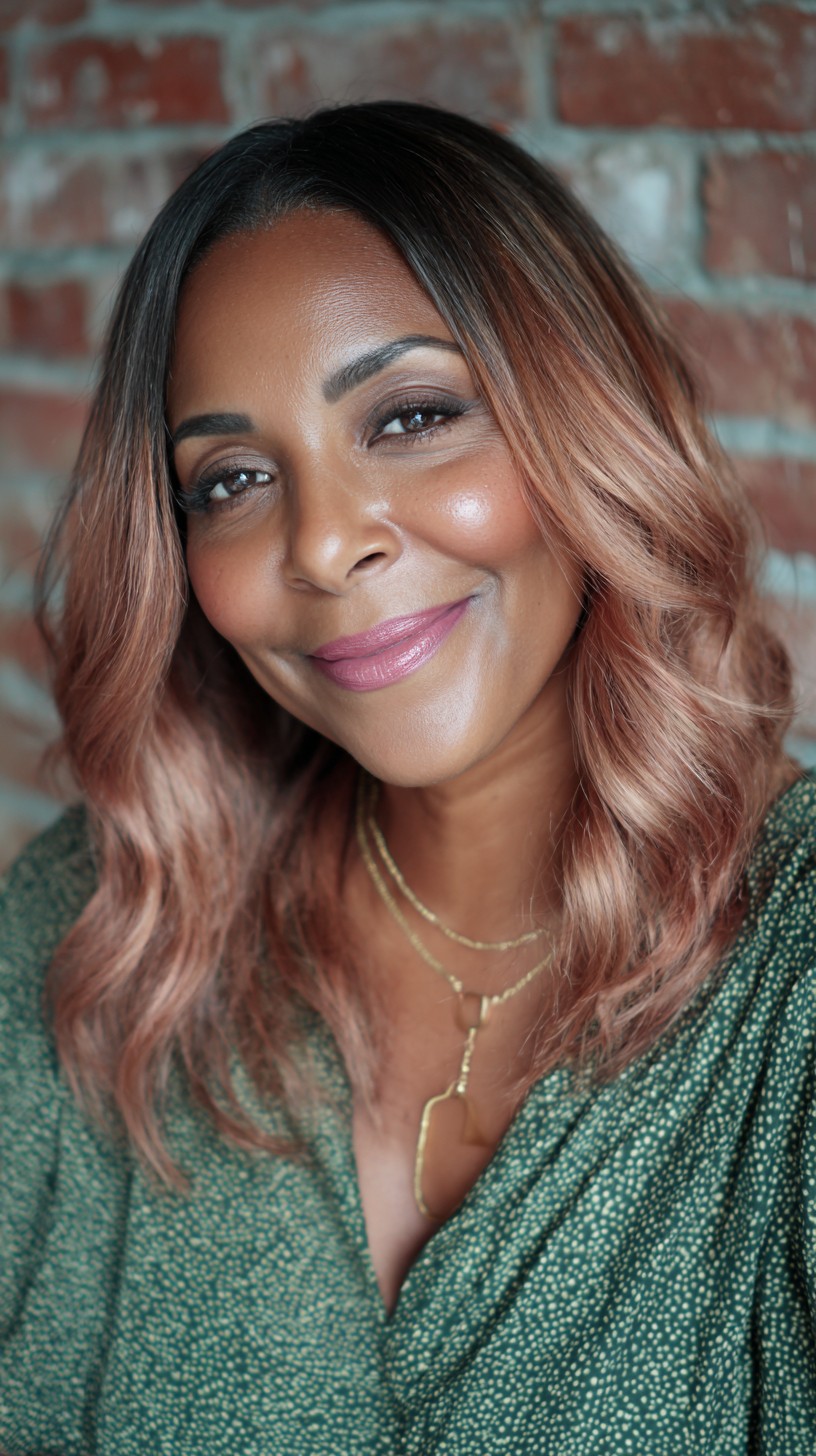 Soft Rose Gold Balayage with Gentle Waves