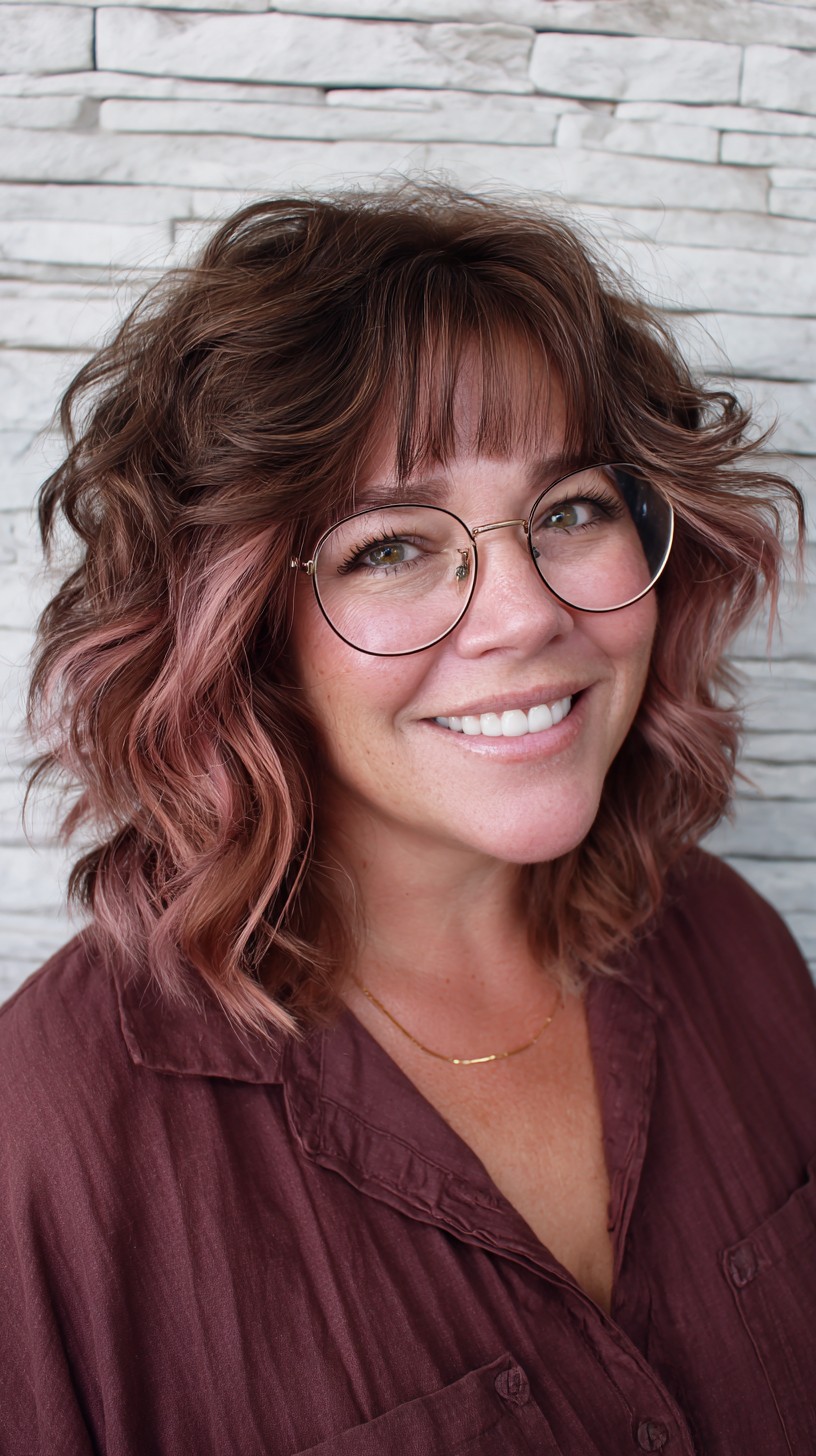 Softly Curled Rose Gold Lob with Wispy Bangs