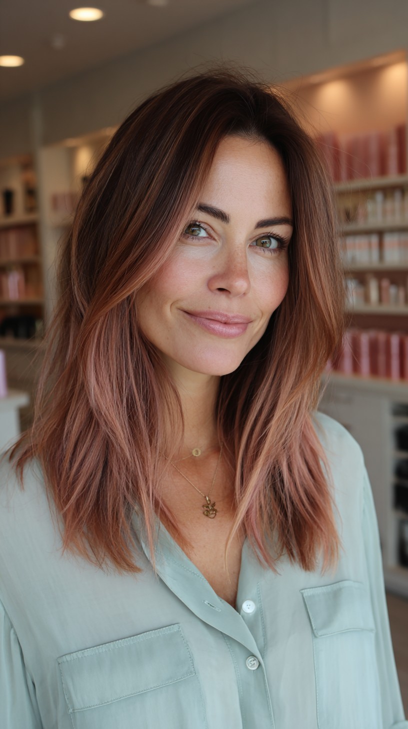 Softly Layered Rose Gold Waves with Face-Framing Highlights