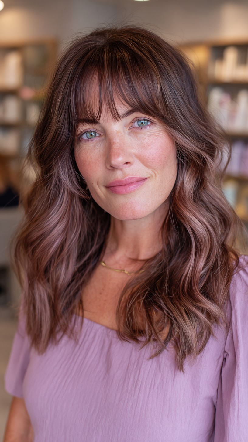Softly Layered Rose Gold Waves with Subtle Bangs