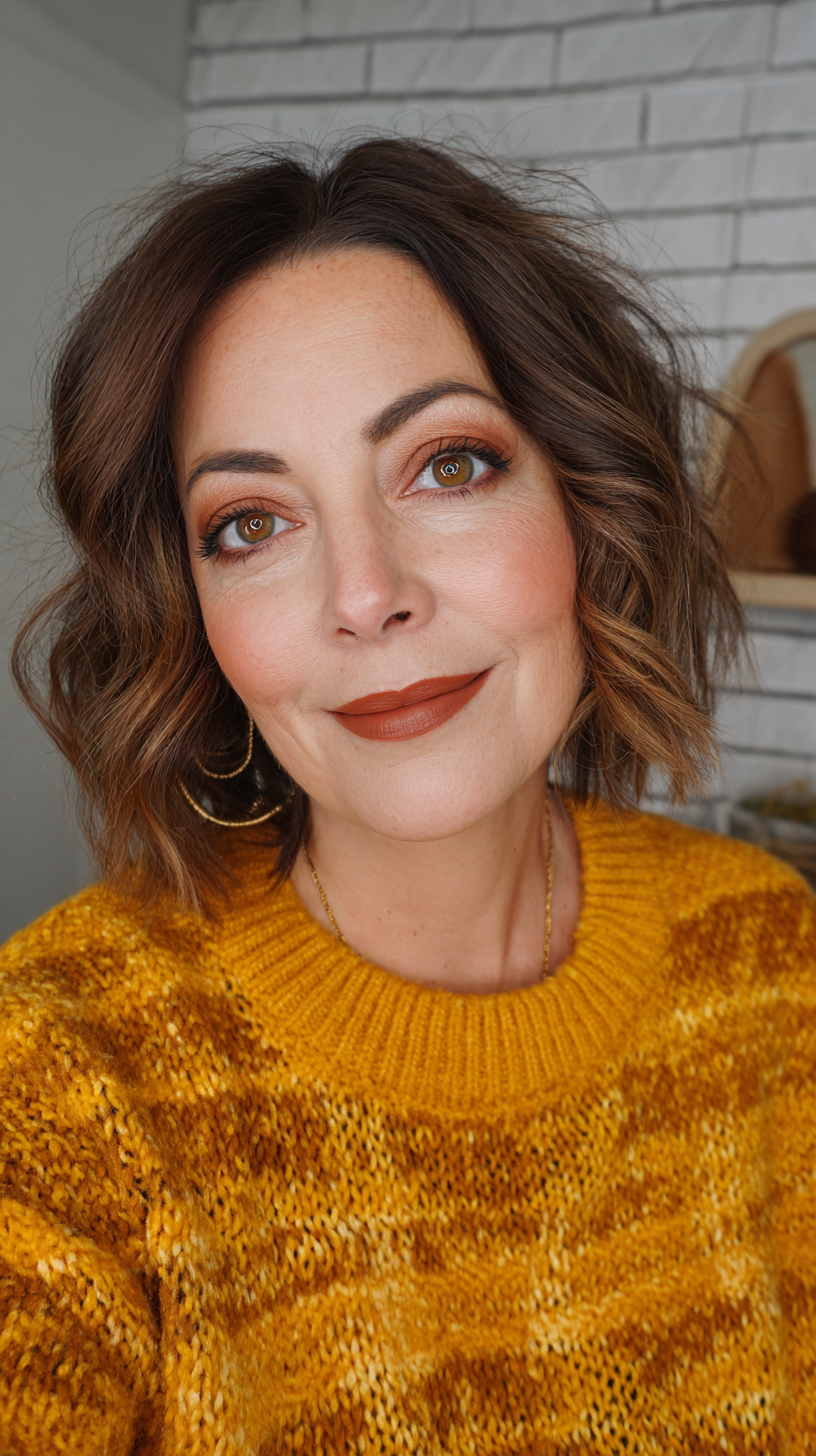 Stylish Brunette Bob with Soft Curls and Face-Framing Layers