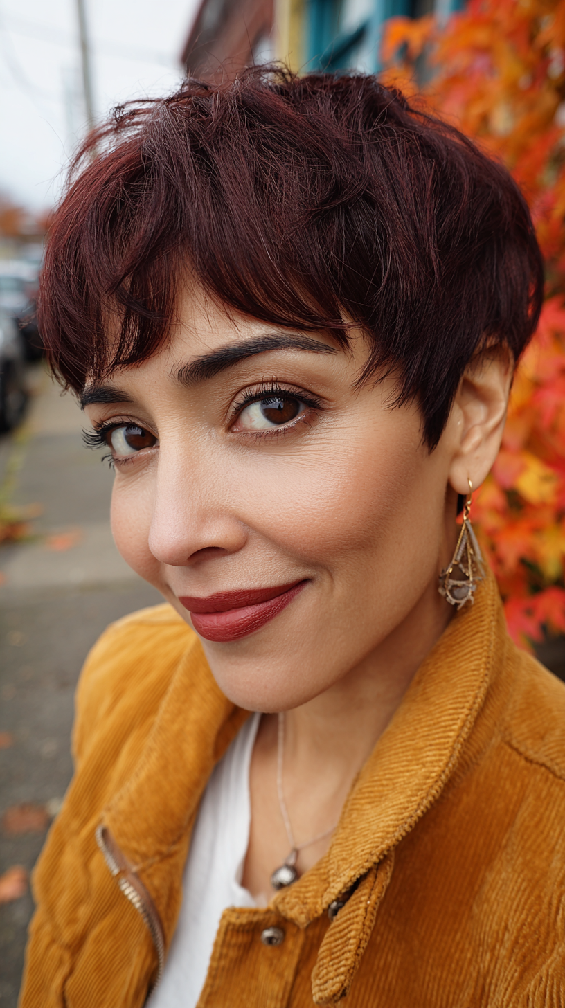 Stylish Cherry Cola Pixie Cut with Wispy Layers