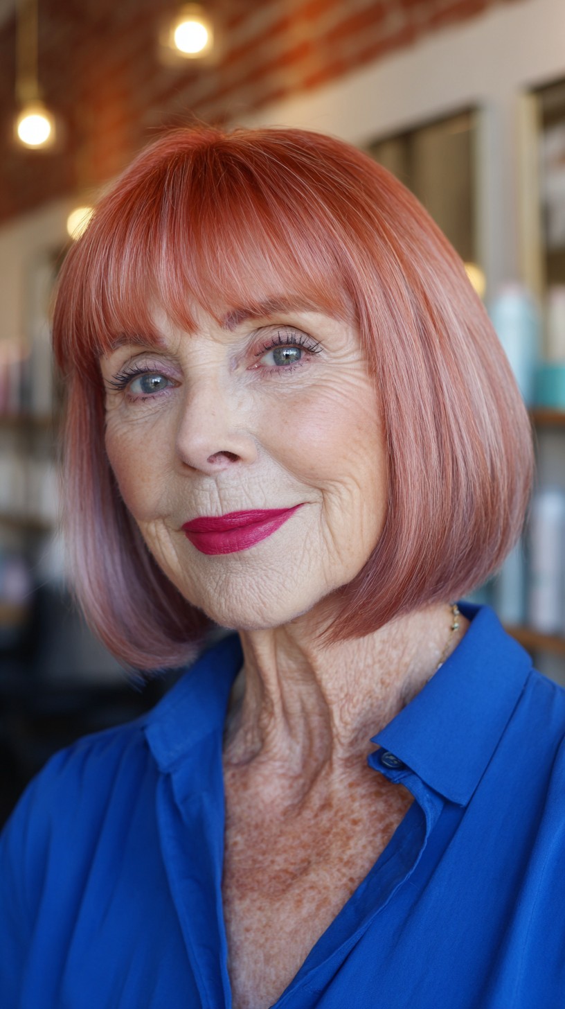 Stylish Copper Rose Gold Blunt Bob with Vibrant Bangs
