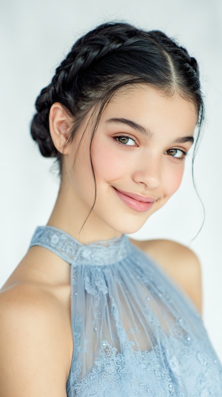 Stylish Double Braided Updo with Soft Face Framing Strands