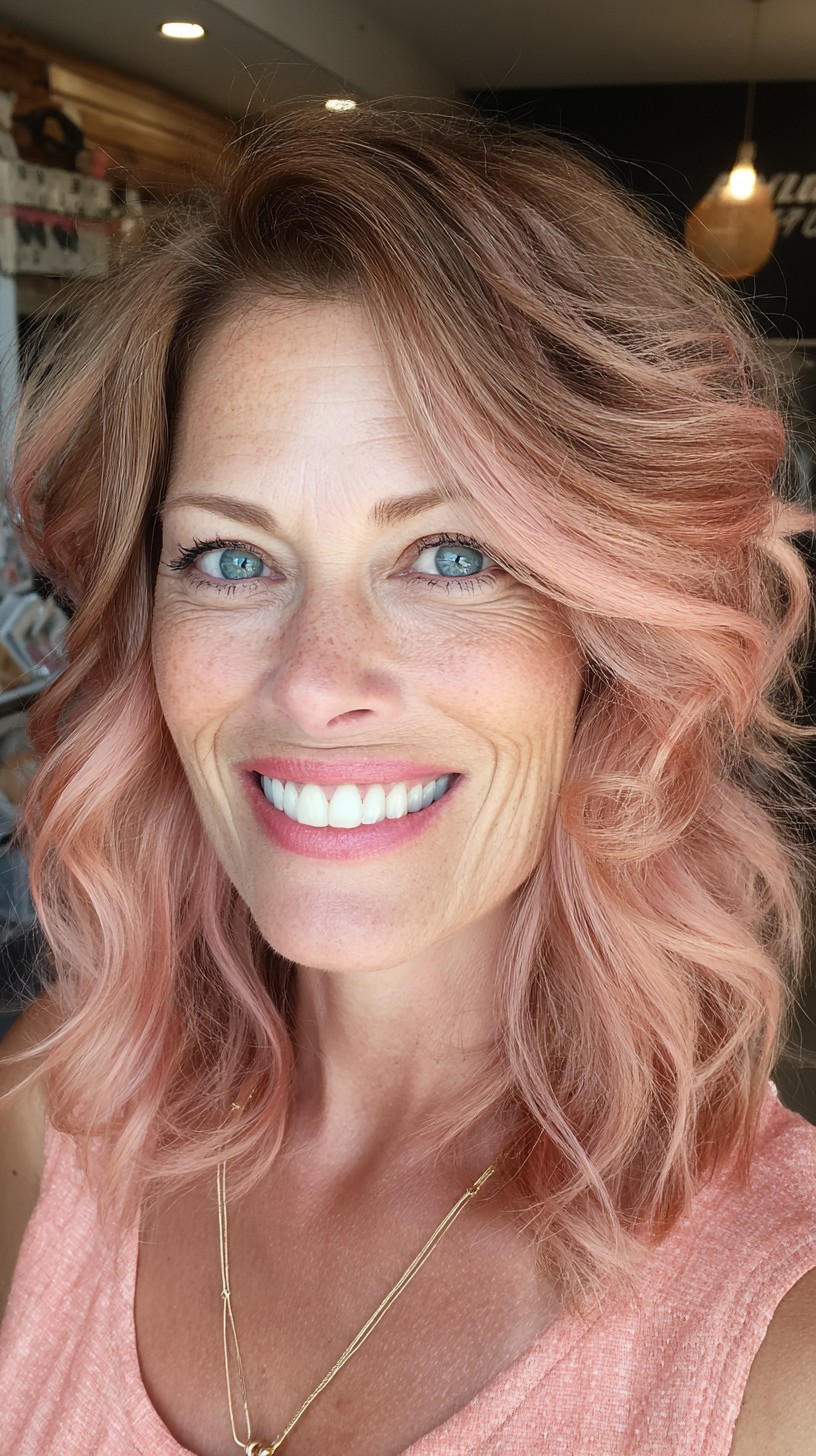 Stylish Rose Gold Balayage with Soft Layers