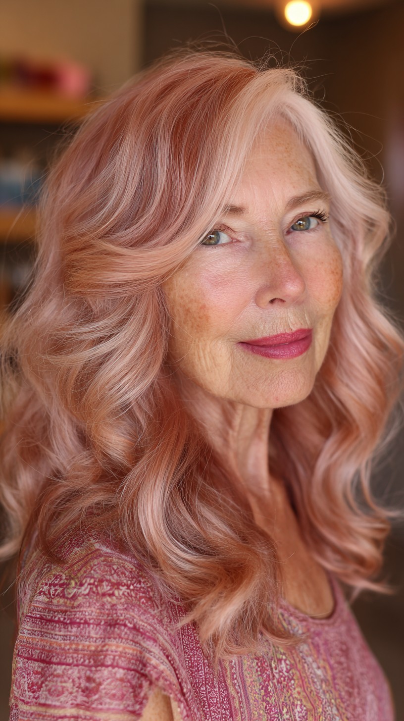 Stylish Rose Gold Waves with Face-Framing Layers