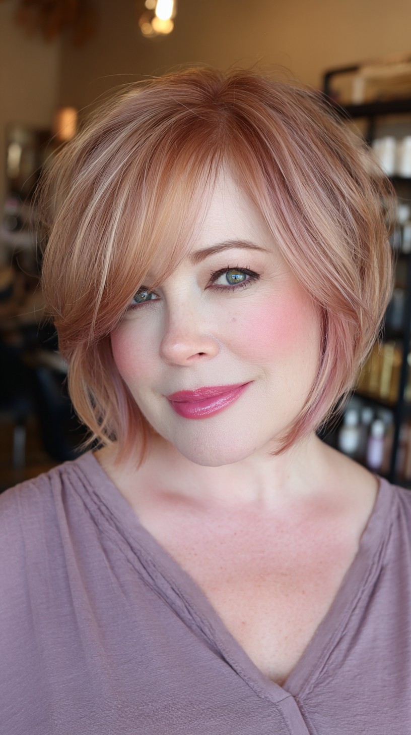 Stylish Soft Rose Gold Shag with Face-Framing Layers