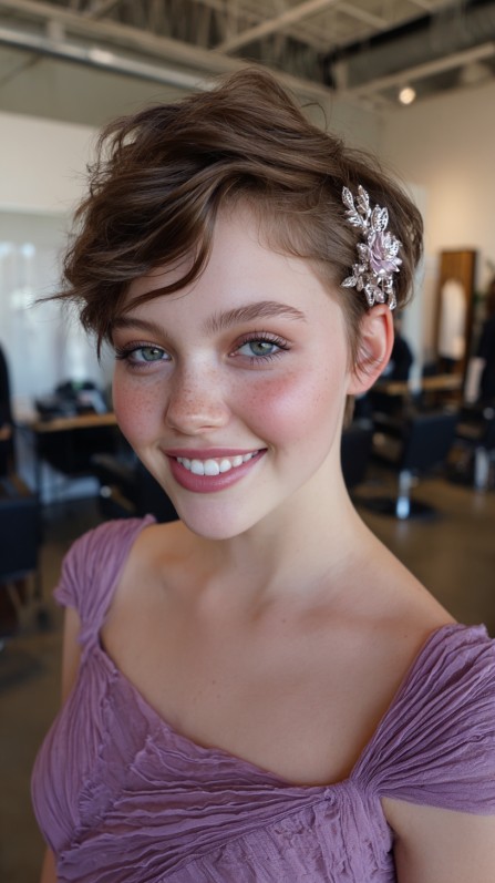 Stylish Textured Pixie with Delicate Hair Accessory