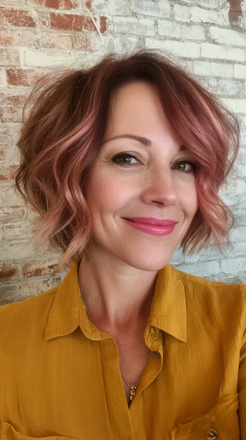 Stylish Wavy Rose Gold Lob with Textured Layers