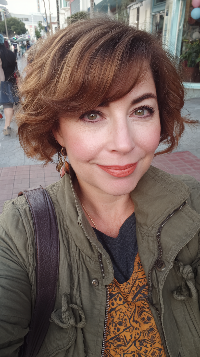 Textured Caramel Brown Curly Bob with Soft Layers