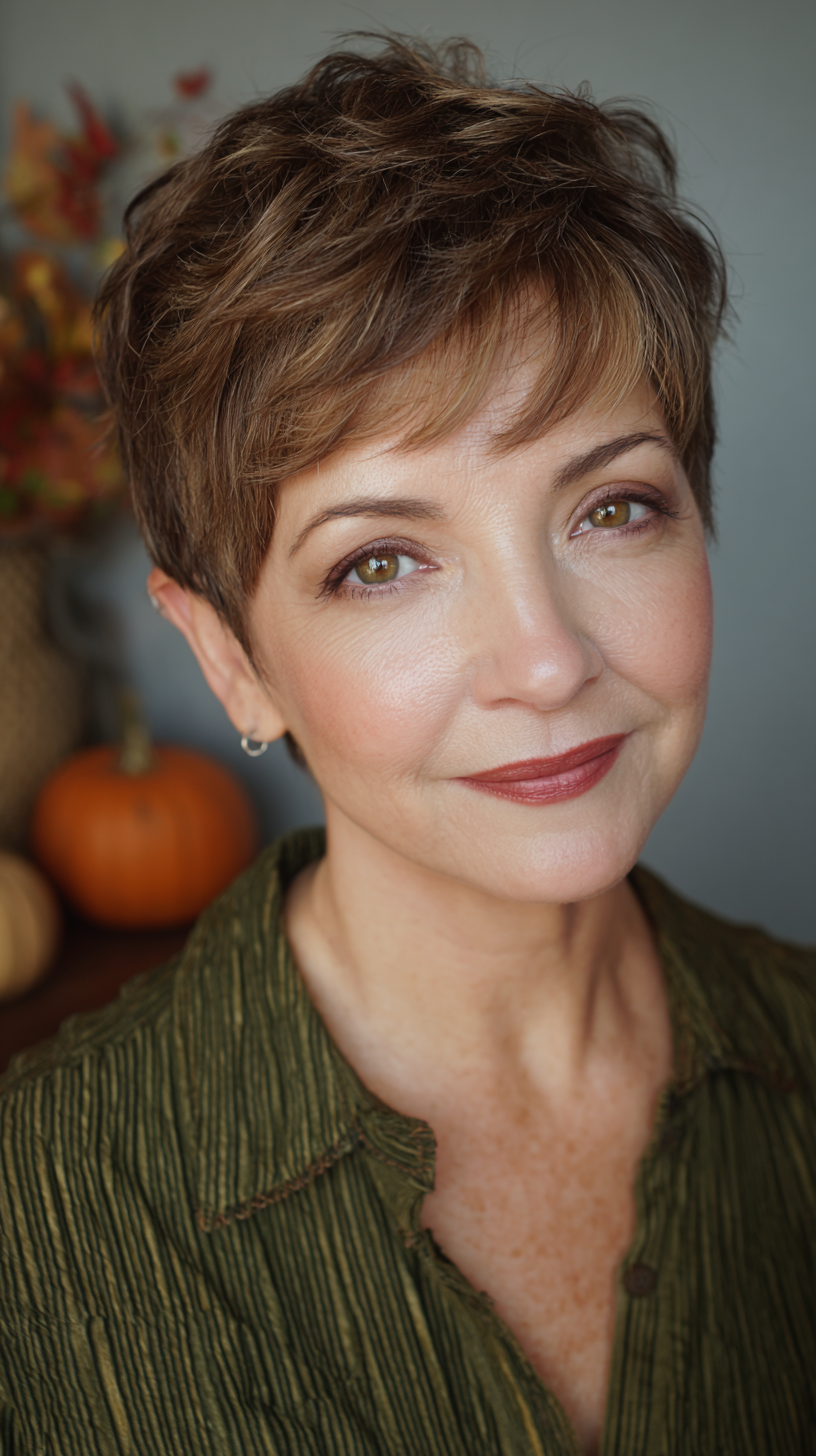 Textured Caramel Brown Pixie with Subtle Volume