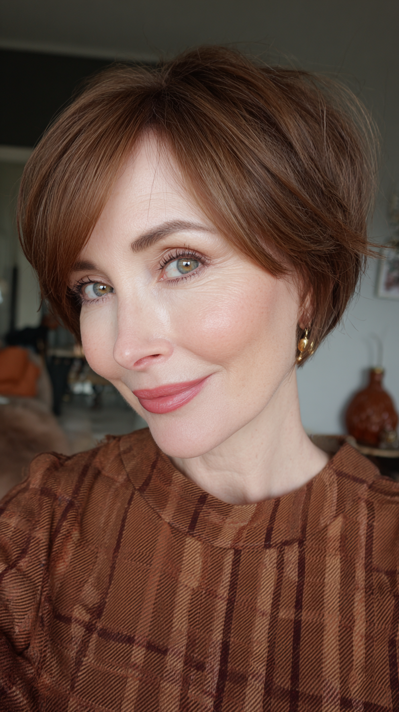 Textured Caramel Brown Short Bob with Subtle Layers