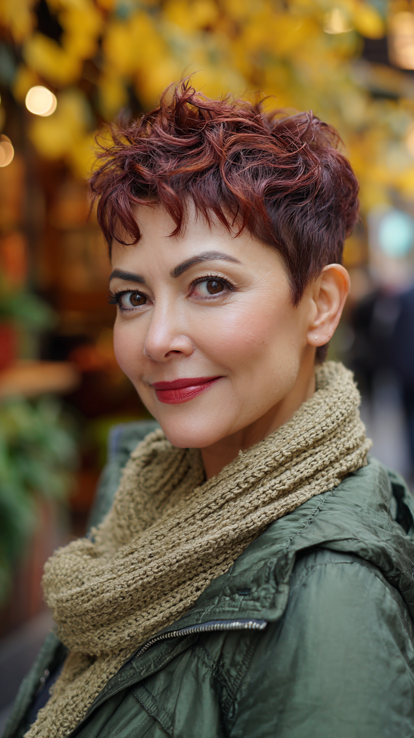 Textured Cherry Cola Pixie Cut with Defined Curls