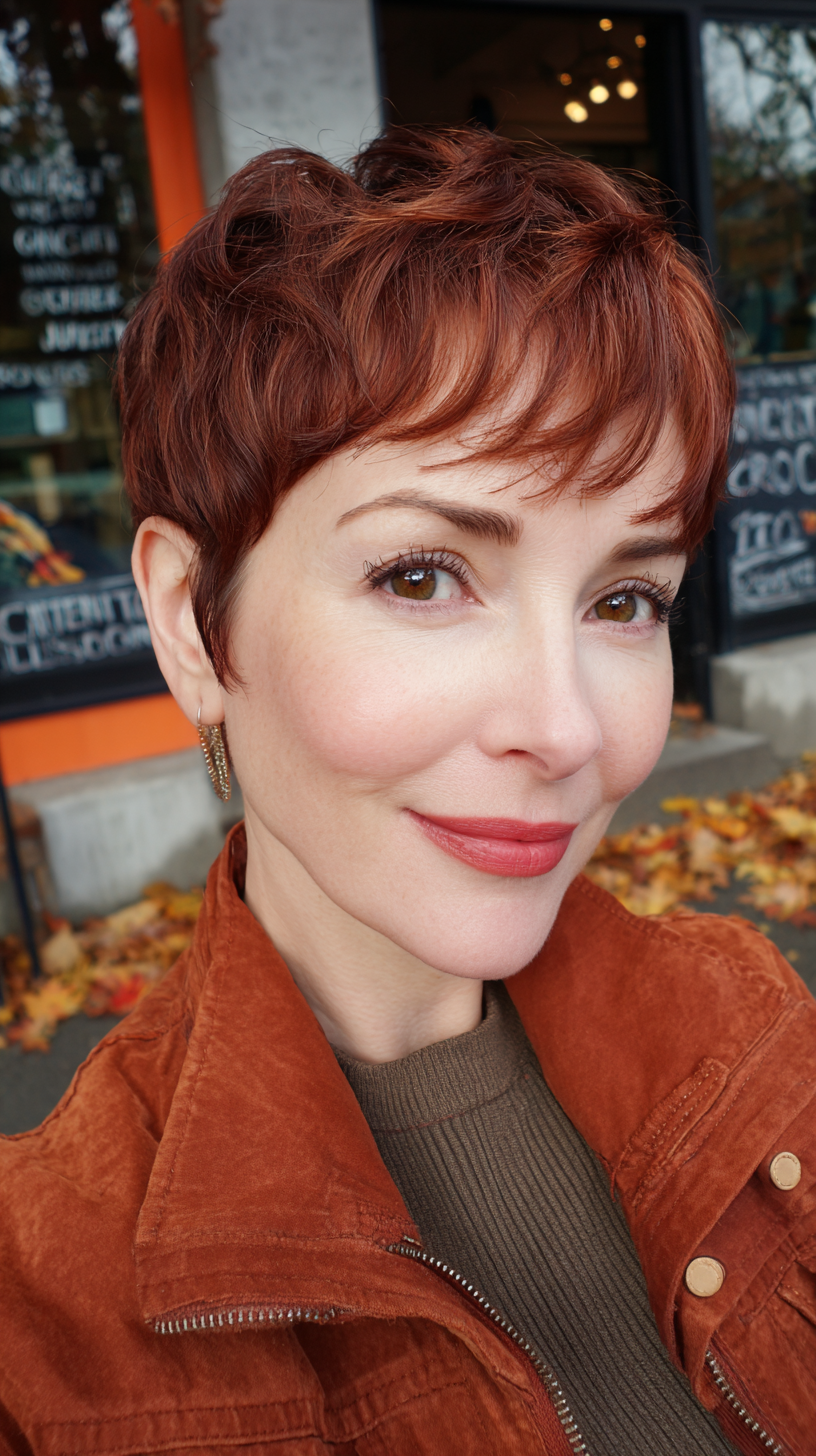Textured Cherry Cola Pixie Cut with Playful Layers