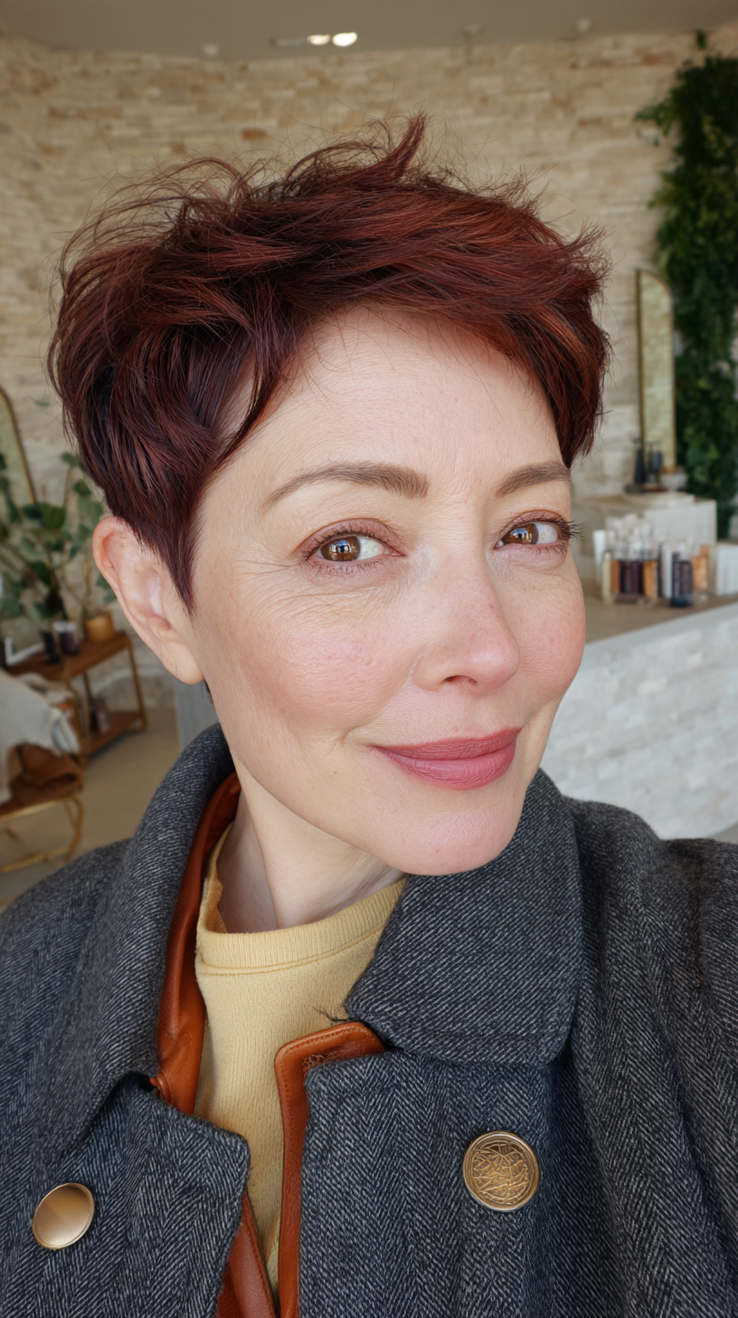 Textured Cherry Cola Pixie Cut with Soft Volume