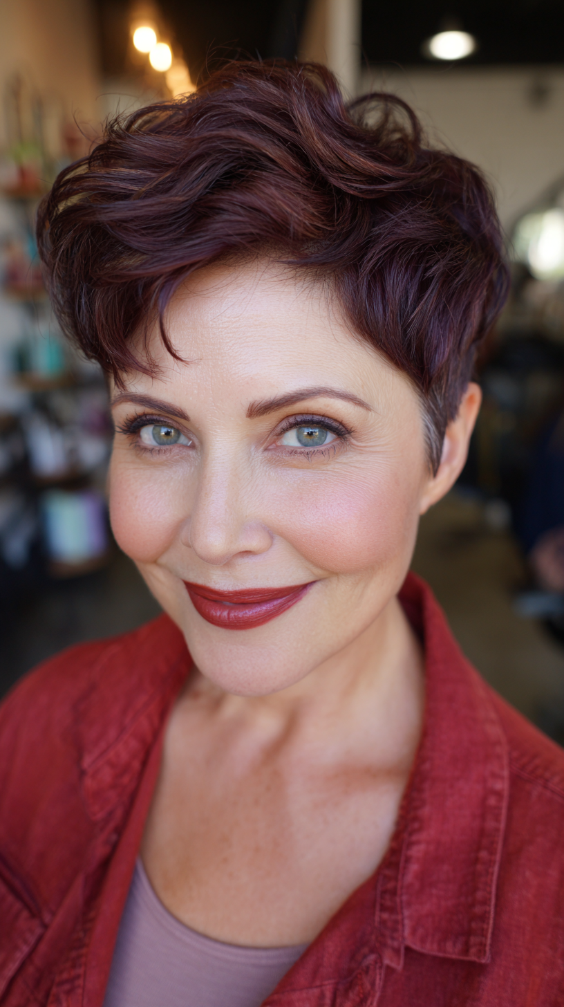 Textured Cherry Cola Pixie Cut with Soft Waves