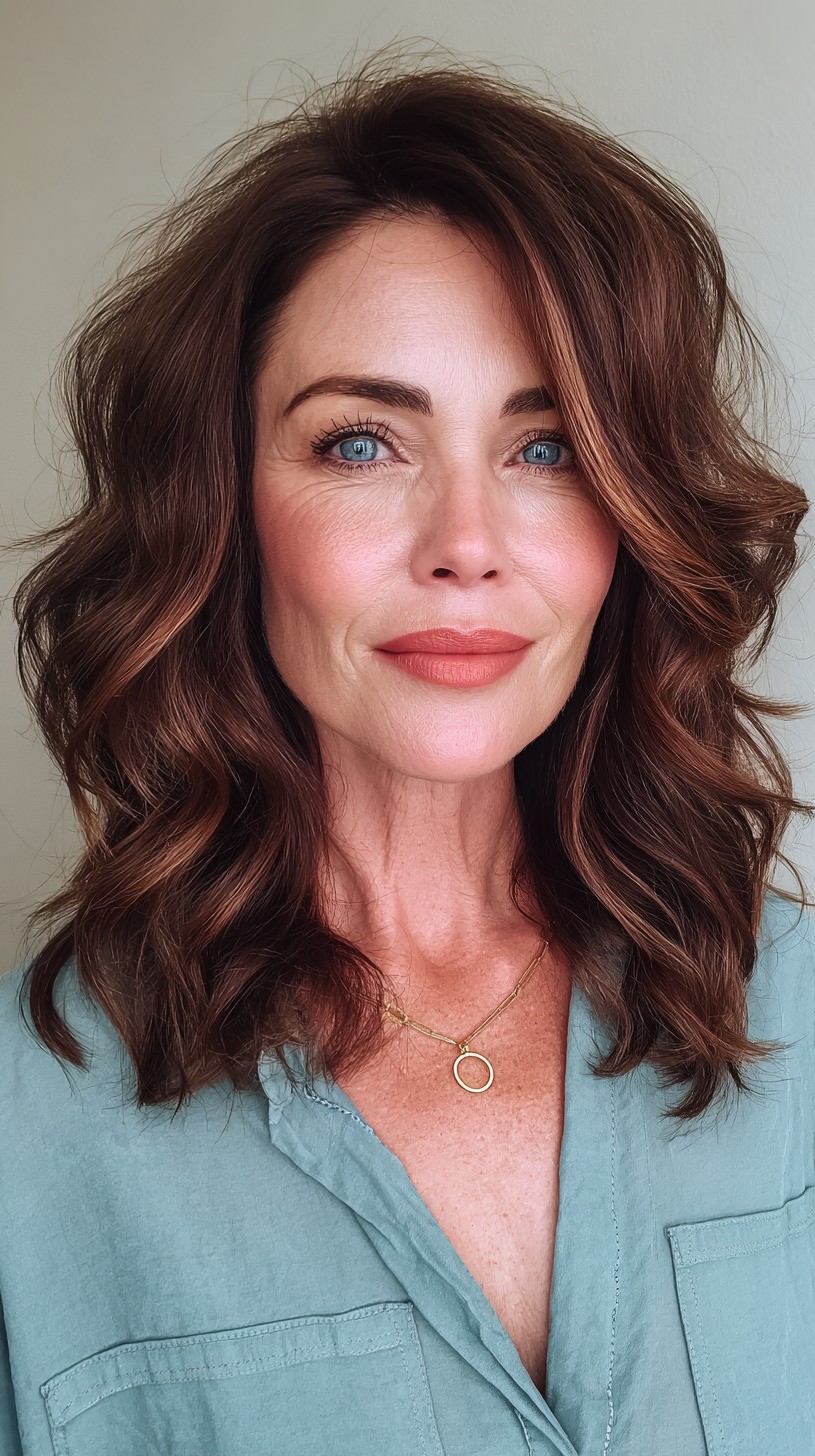 Textured Chocolate Rose Gold Waves with Face-Framing Layers