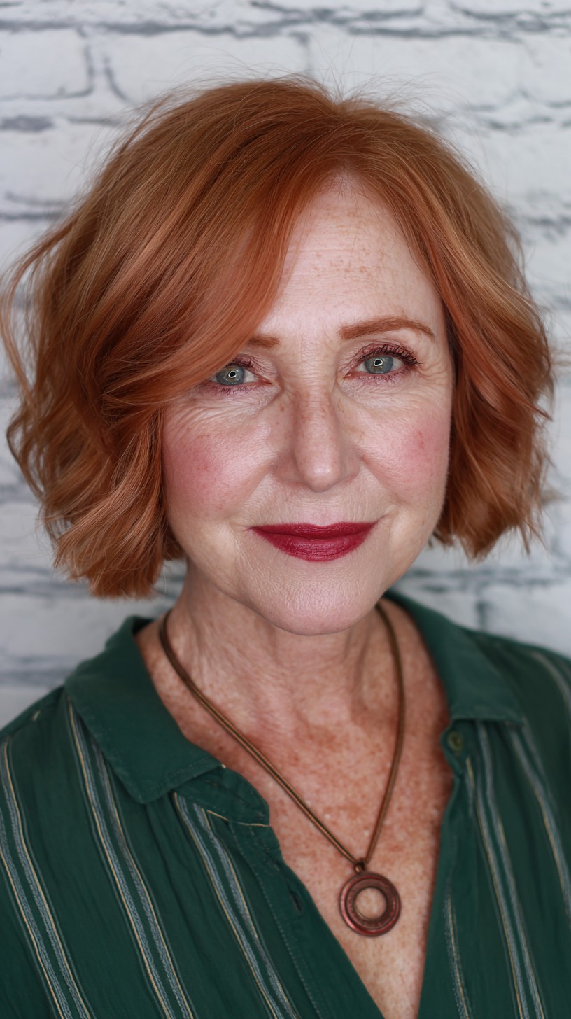 Textured Copper Rose Gold Wavy Lob with Face-Framing Layers