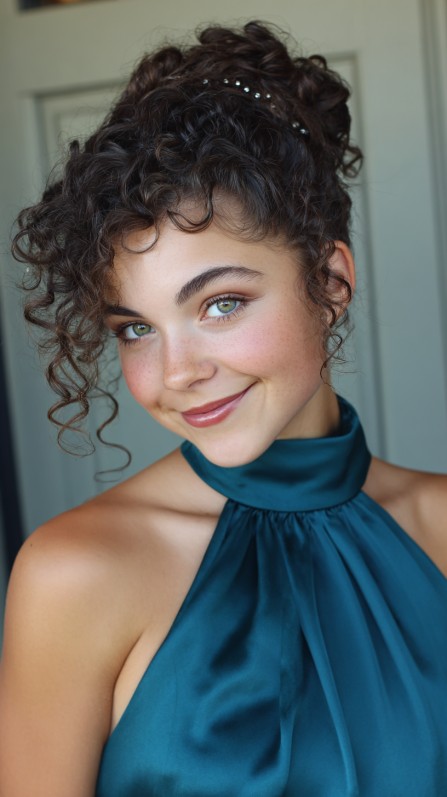 Textured Curly High Updo with Delicate Hair Accents