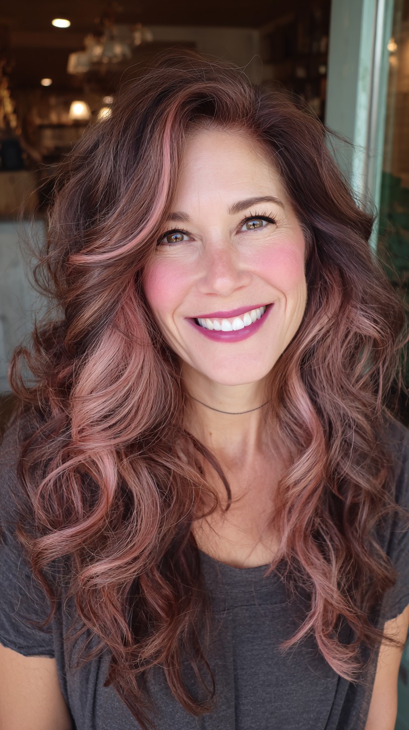 Textured Long Curls with Rose Gold Highlights
