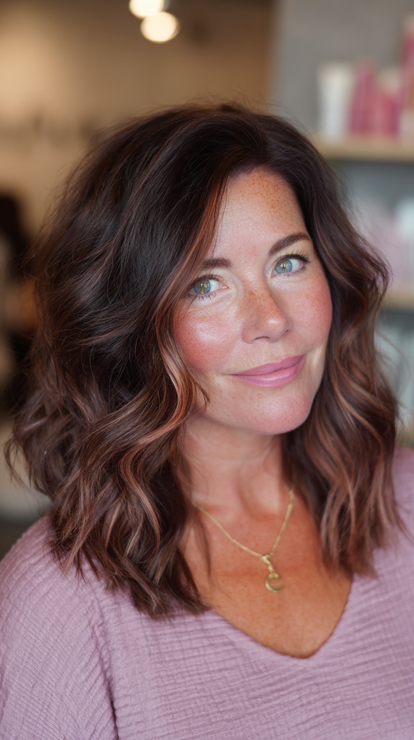 Textured Medium-Length Waves with Rose Gold Highlights