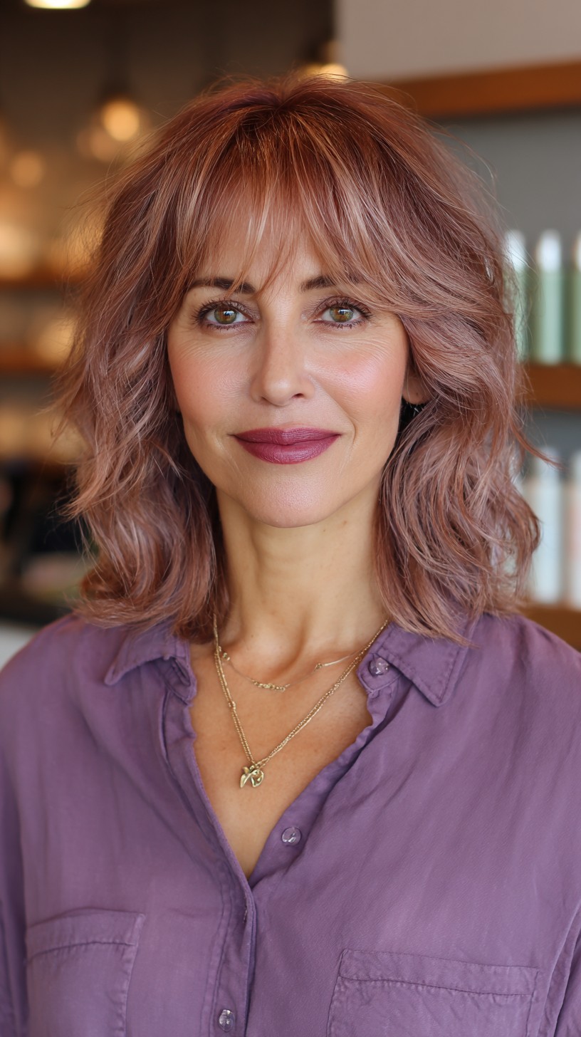 Textured Rose Gold Balayage with Wispy Bangs