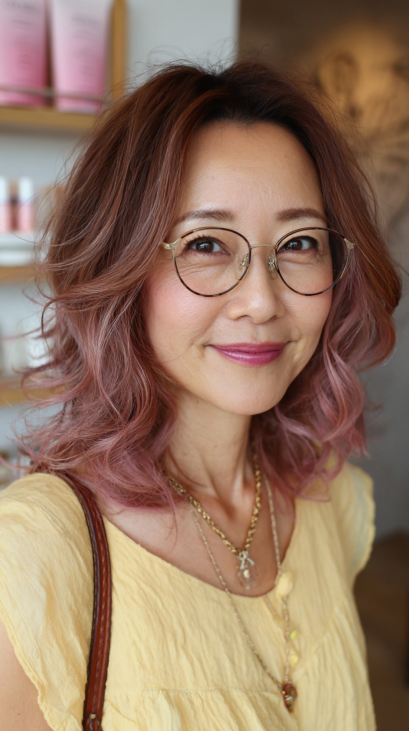 Textured Rose Gold Curls with Subtle Highlights