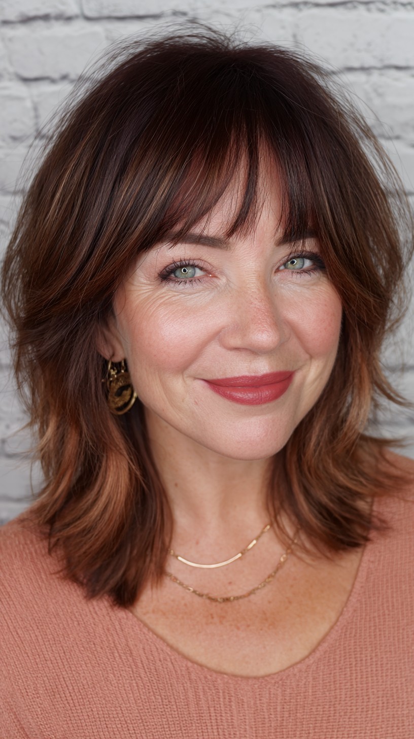 Textured Rose Gold Shag with Face-Framing Bangs