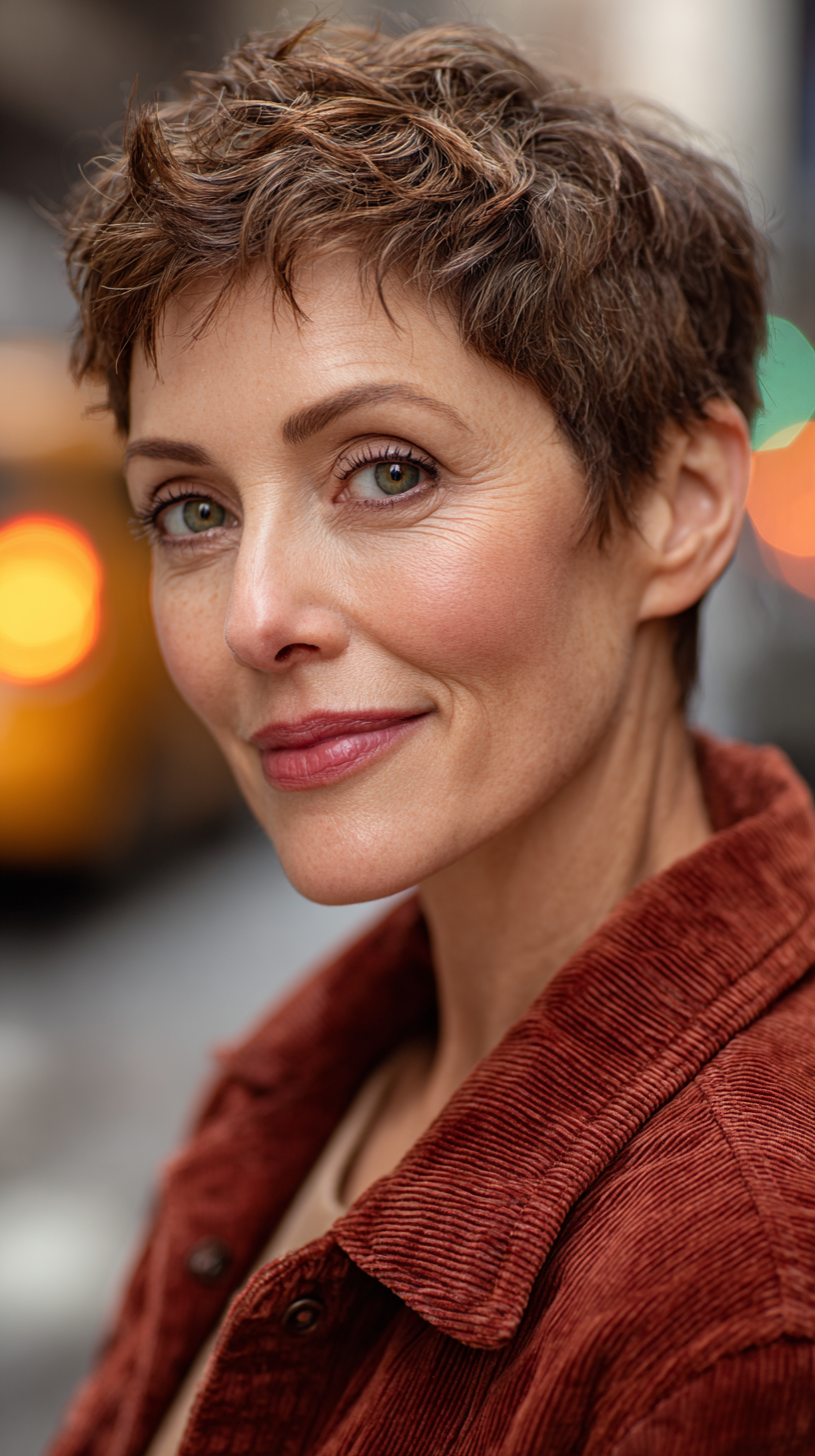 Textured Short Caramel Brown Pixie with Defined Layers
