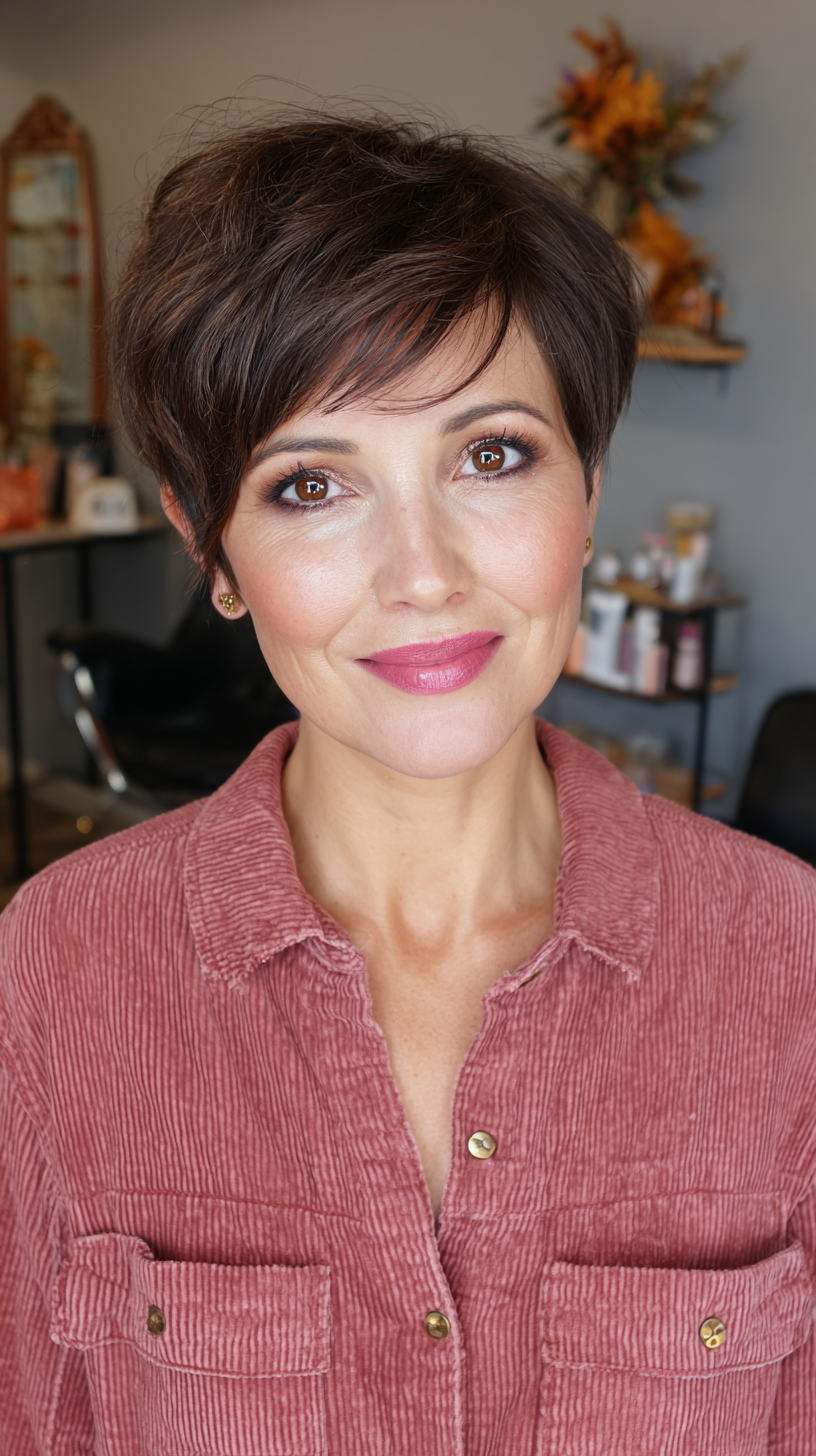 Textured Short Caramel Brown Pixie with Subtle Layers