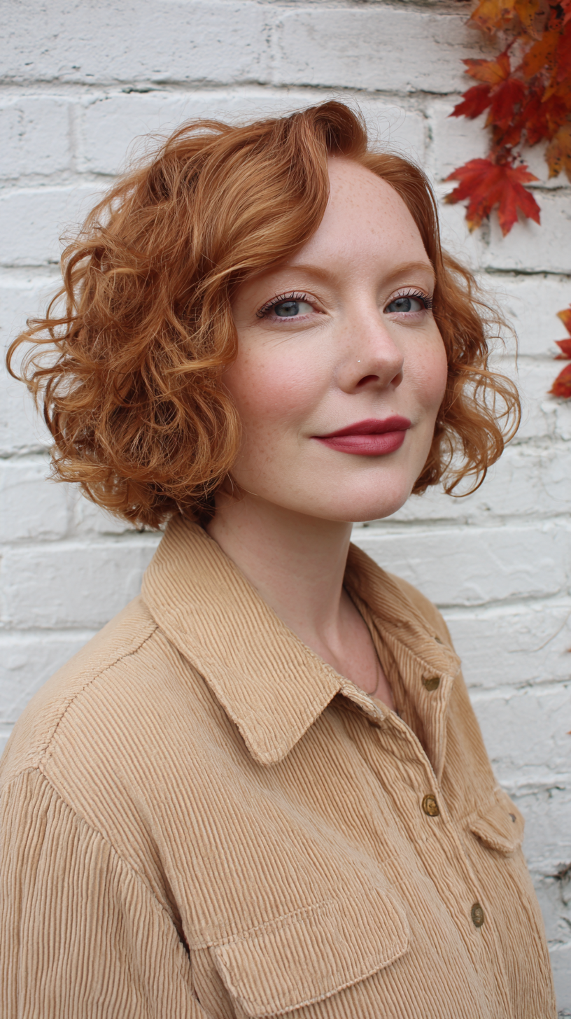 Textured Strawberry Blonde Curly Bob with Defined Curls