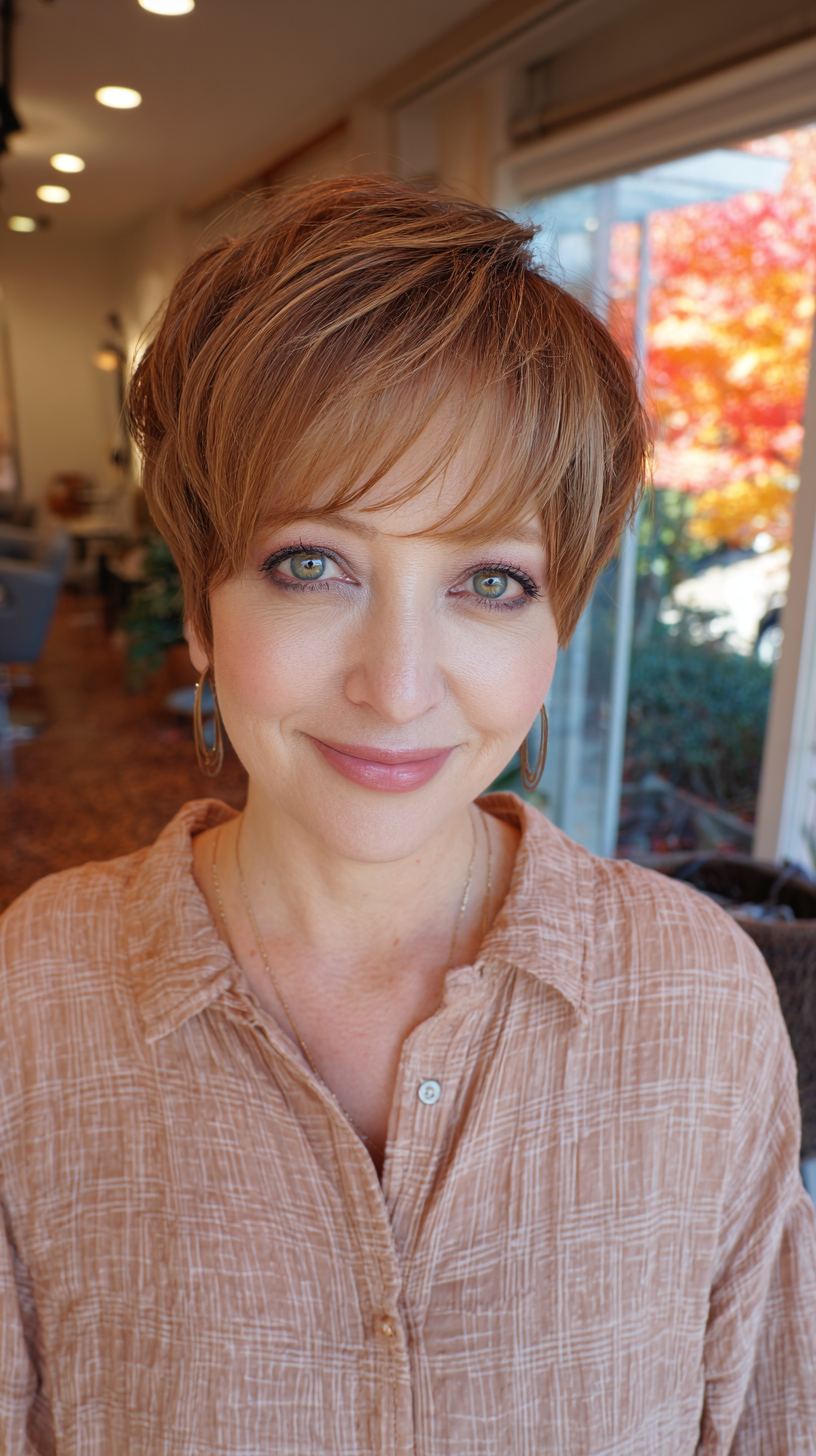 Trendy Caramel Brown Short Textured Pixie with Soft Flicks
