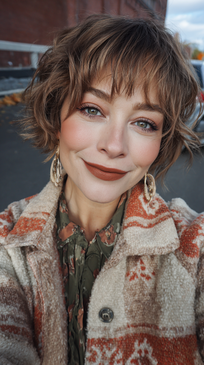 Trendy Short Caramel Brown Curly Cut with Soft Bangs