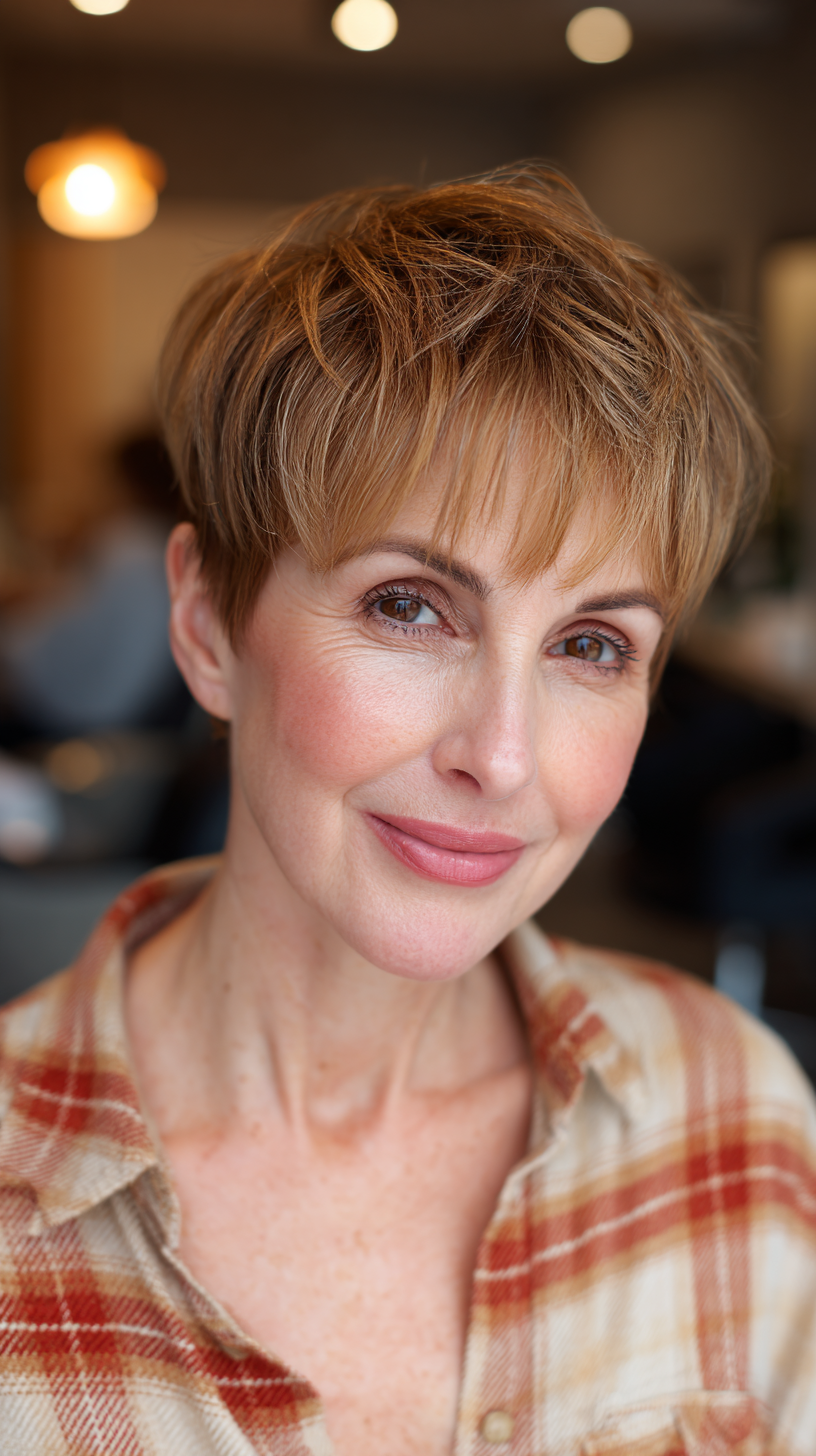 Trendy Short Caramel Brown Textured Pixie with Fringe