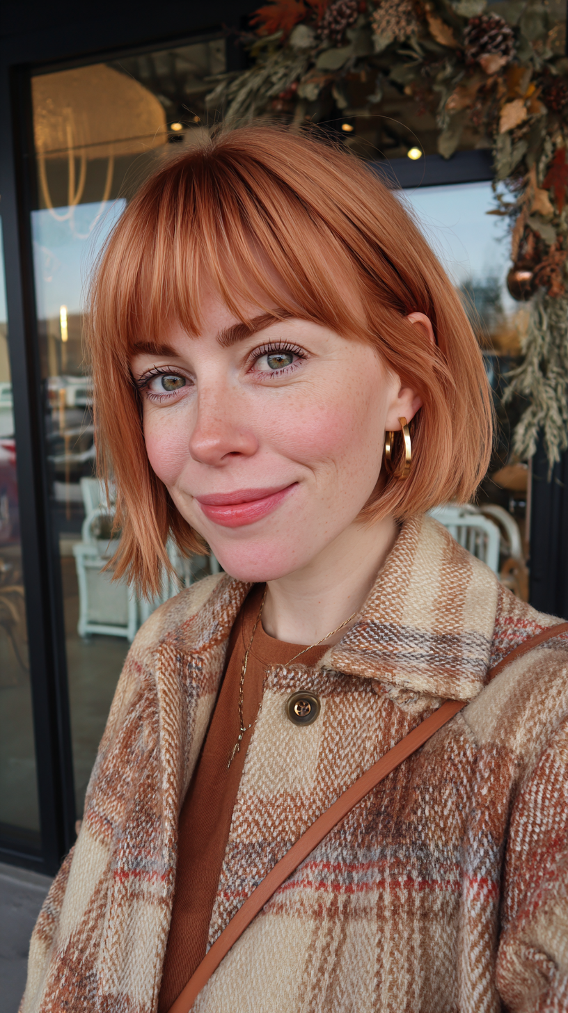 Trendy Strawberry Blonde Blunt Bob with Soft Fringe