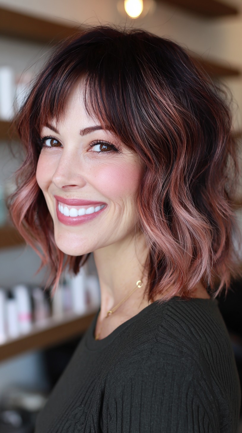 Trendy Textured Rose Gold Waves with Bangs