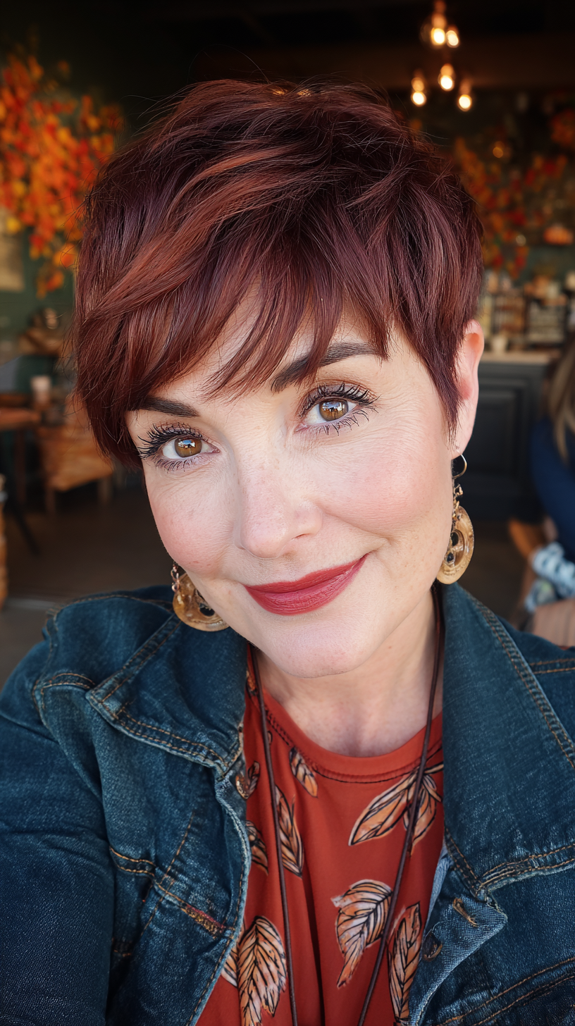 Vibrant Cherry Cola Pixie Cut with Textured Bangs